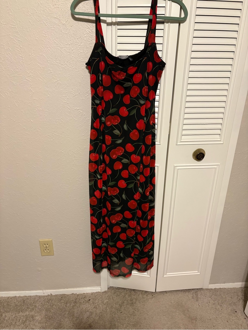 ASOS Black Maxi Slip Dress with Red Cherry Print and Green Leaves